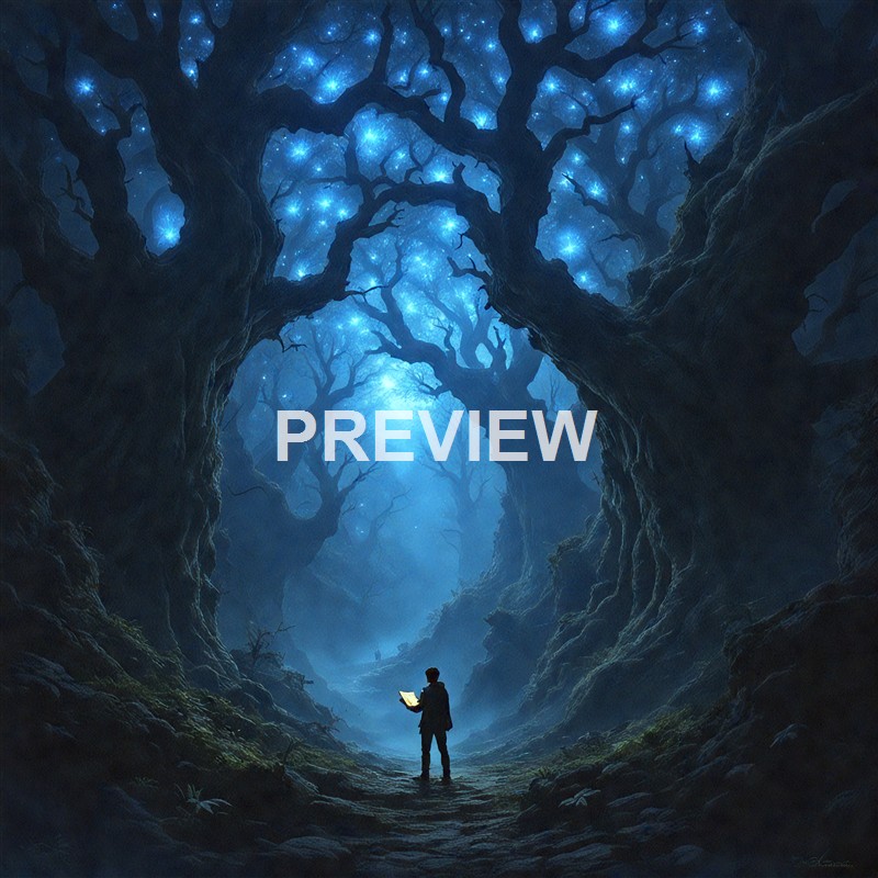 A person standing in a dark, mystical forest with twisted, leafless trees glowing with blue lights, illuminating the foggy surroundings.